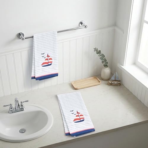 Ritz 2-Piece Cotton Velour Bathroom Hand Towel Set, Embroidered Sailboat Design, Blue Pinstripe Decorative Towels for Lake House, Beach, Coastal Decor, 16” x 26”