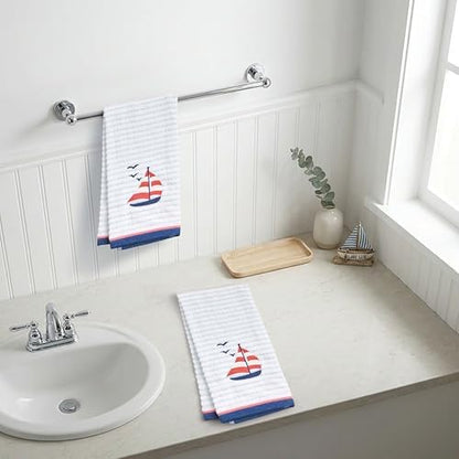 Ritz 2-Piece Cotton Velour Bathroom Hand Towel Set, Embroidered Sailboat Design, Blue Pinstripe Decorative Towels for Lake House, Beach, Coastal Decor, 16” x 26”