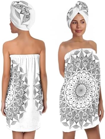 Mandala Microfiber Bath Wrap Set with Hair Towel, Mandala Floral Black and White Design, 31.5x59 inches