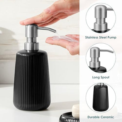 vancasso Ceramic Bathroom Accessories Set 4 Piece, Soap Dispenser with Stainless Steel Pump, Toothbrush Holder, Tumbler and Soap Dish, Modern Relief Design, Bathroom Decor Organizer, Black