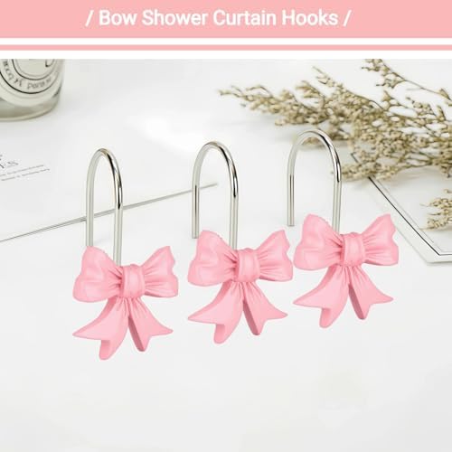 12Pcs Pink Bow Knot Shower Curtain Hooks Decorative for Curtain Rods, Coquette Girly Preppy Shower Curtain Rings, Silver Stainless Steel Metal Shower Curtain Hanger Hooks, Cute Girls Bathroom Decor