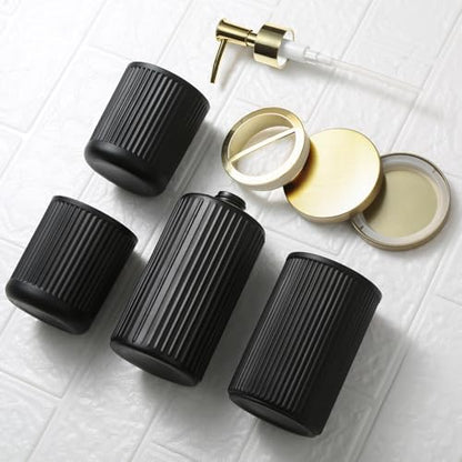 RYTOXILO Matte Black and Gold Bathroom Accessories Set, 4 Pack Glass Bath Accessory Sets Complete, Ribbed Soap Dispenser and Toothbrush Holder Set with 2 Qtip Holders, Modern Gold Bathroom Decor