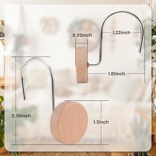 Wood Shower Curtain Hooks Rust Proof, Boho Shower Curtain Hooks Decorative, 12 Pack Shower Hooks for Shower Curtain, Shower Curtain Hangers Hooks (Wood,12)