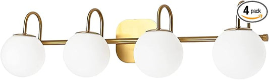 New Bathroom Vanity Light Fixtures 4-Lights Brushed Brass Frame and Milk White Glass Globe Shade Modern Wall Sconce Lighting Bath Vanity Lights Bar Over Mirror (Exclude G9 Bulb)