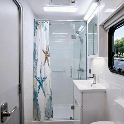 Blue Beach RV Shower Curtain for Bathroom, Ocean Coastal Theme, 32x72 In