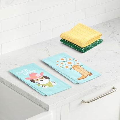 Ritz 4-Piece Kitchen Towel Set, Cool It Cowboy Dog & Daisy Boot Prints with Pine Green & Yellow Textured Terry, 100% Cotton & Absorbent Blend, 16" x 26", Western Boho Coastal Cowgirl Kitchen Decor