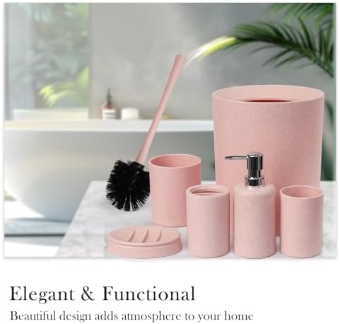 CERBIOR Bathroom Accessories Set 6 Piece Wheat Straw Bath Ensemble,Pink