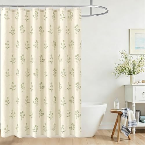 ORTIGIA Linen Shower Curtain 72 W x 84 L Farmhouse Vintage Sage Green Floral Long Shower Curtains Modern Boho Rustic Block Print Cottagecore Decor for Bathroom