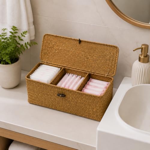 Seagrass Wicker Storage Basket with Lid and Dividers
