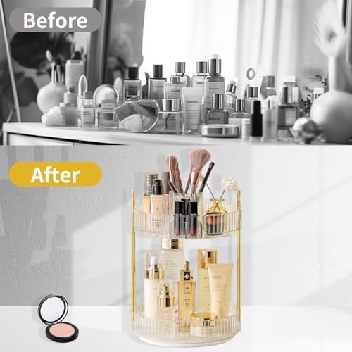 Asayuee 360 Rotating Makeup Organizer,2 Tier Large Capacity Make Up Organizers and Storage,Skincare Perfume Vanity Organizers,Bathroom Cosmetics Storage Organizer Countertop(Clear)