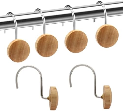 Shower Curtain Hooks, Wood Decorative Shower Curtain Rings, Modern Round Log Shower Curtain Hangers, 12PCS Shower Hooks for Shower Curtain Rod, Bedroom, Living Room (Silvery 1)