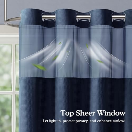 Dynamene Navy Blue Hook Free Waffle Shower Curtain & Snap-in Liner,60x75