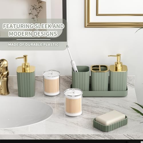 XLHOMO Bathroom Accessory Set - 26PC Bathroom Shower Curtain and Rug Set, Bathroom Accessories Set, Sage Green Bathroom Set with Trash Can, Toilet Brush, Qtip Holder & Soap Dispenser