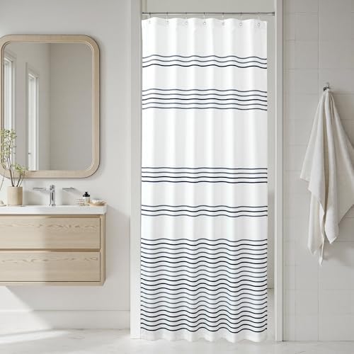 jinchan Small Stall Shower Curtain 36x72 inches Navy Blue and White Modern Farmhouse Striped Waterproof Fabric Shower Curtains for Bathroom with 7 Hooks Machine Washable