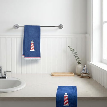 Ritz 2-Piece Cotton Velour Bathroom Hand Towel Set, Embroidered Lighthouse Design, Soft Navy Blue Nautical Decorative Towels for Lake House, Coastal, Beach Home Decor, 16” x 26”