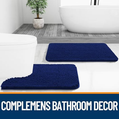 OLANLY Chenille Bathroom Rugs Mats Sets 2 Piece, 30"x20"+24"x20", Navy