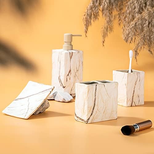 RQYIXI Ceramic Bathroom Accessories Set,Brown,4 Piece,Marble Design