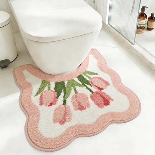 Tulip Flower U-Shaped Toilet Mat, Romantic Floral Non-Slip Bath Rug with Wave Edge Design, Soft Absorbent Microfiber Floor Mat for Toilet Base, Machine Washable Bathroom Decor (U-Shaped Pink)