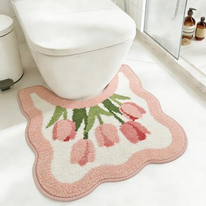 Tulip Flower U-Shaped Toilet Mat, Romantic Floral Non-Slip Bath Rug with Wave Edge Design, Soft Absorbent Microfiber Floor Mat for Toilet Base, Machine Washable Bathroom Decor (U-Shaped Pink)