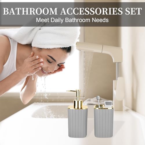 Grey Bathroom Soap Dispenser and Toothbrush Holder for Boho Bathroom Decor