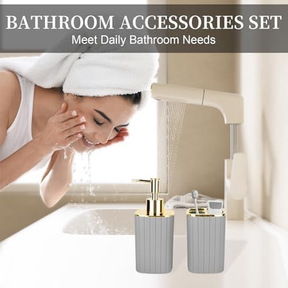 Grey Bathroom Soap Dispenser and Toothbrush Holder for Boho Bathroom Decor