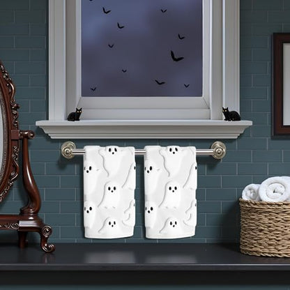 2 Pack Halloween Hand Towels 100% Cotton Jacquard Ghost Halloween Kitchen Towels White Bathroom Towels Set Seasonal Bathroom Decor (White Ghost, Halloween)