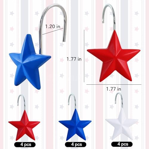12-Piece 4th of July Red White Blue Stars Shower Curtain Hooks, Fourth of July Patriotic Stainless Steel Decorative Shower Hangers Rings for Bathroom Decor