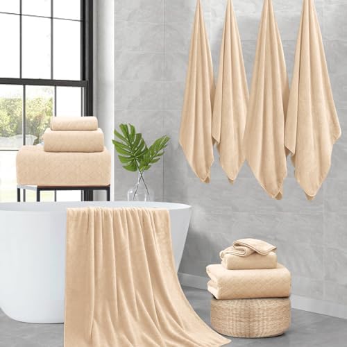 8-Piece Bath Towels Set,2 Oversized Bath Sheet,2 Hand Towels and 4 Washcloths - 600 GSM Soft Microfiber Highly Absorbent Quick Dry Shower Towel Collection for Bathroom Hotel and Spa,Light Yellow