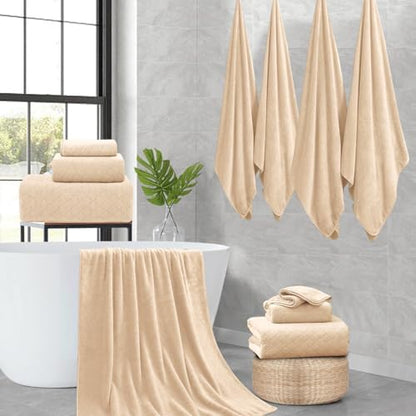 8-Piece Bath Towels Set,2 Oversized Bath Sheet,2 Hand Towels and 4 Washcloths - 600 GSM Soft Microfiber Highly Absorbent Quick Dry Shower Towel Collection for Bathroom Hotel and Spa,Light Yellow