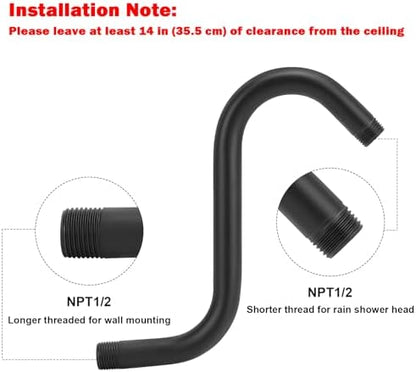 NearMoon S Shaped Shower Head Riser Arm, Shower Extender Arm with Flange, Standard 1/2" Connection- Bathroom Accessory (8 Inch, Matte Black)