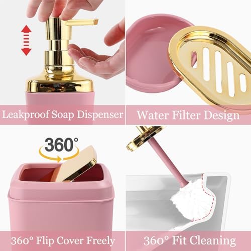 XLHOMO Bathroom Set - Pink and Gold Bathroom Accessories Set, Bathroom Sets with Shower Curtain and Rugs, Pink Shower Curtain Set with Bathroom Trash Can, Soap Dispenser, Soap Dish for Home Decor