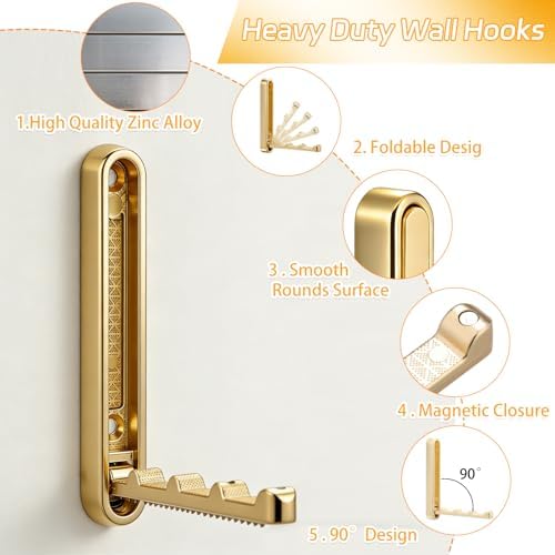 4.33 in Extended Folding Coat Hooks, 2 Pack Gold Wall Hooks, Zinc Alloy
