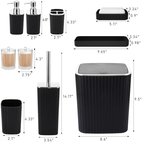 XLHOMO Bathroom Accessories Set - Gorgeous Bathroom Set, 10PC Black Bathroom Accessory Set, Toilet Brush, Trash Can, Qtip Holder & Soap Dispenser