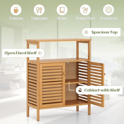 Tangkula Bamboo Floor Cabinet, Bathroom Storage Cabinet with Double Slatted Doors, Open Shelf, Removable Shelf, Storage Organizer for Bathroom Doorway Living Room Kitchen