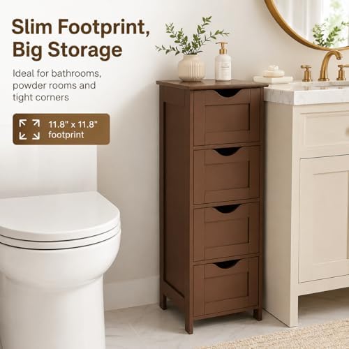 VINGLI 4-Drawer Bathroom Storage Cabinet, Slim Freestanding Floor Cabinet Organizer, 11.8" W x 11.8" D x 32.1" H, Narrow Linen Cabinet for Toiletries, Towels, Toilet Paper, Walnut Brown