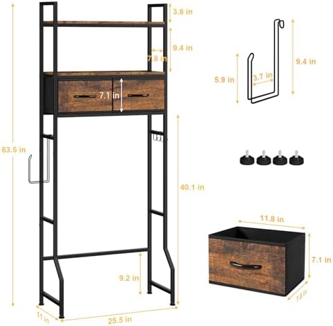 YBING Over The Toilet Bathroom Storage Cabinet for Freestanding, Above Toilet Shelf with Fabric Drawer, Tall Bathroom Shelf Organizer with Toilet Paper Holder, Brown