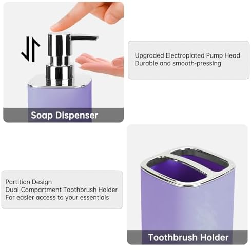 Purple Bathroom Accessories 2 Pcs, Soap Dispenser and Toothbrush Holder Set