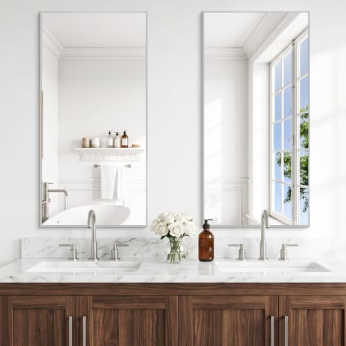 BONEWEI Silver Bathroom Mirror,18x36 inch Wall Mirror for Bathroom Wall Mounted,Rectangle Mirror for Bathroom Over Sink,Modern Metal Frame for Living Room,Bedroom Entryway,Horizontal/Vertical