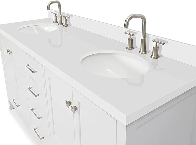 ARIEL Cambridge 72-inch Bathroom Vanity with Sink,Solid Wood, 1.5-inch Pure White Quartz Countertop & Backsplash, Double Oval Porcelain Sink, 4 Soft Closing Doors, 6 Dovetail Drawers, White