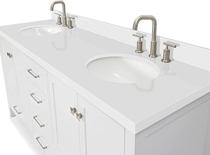ARIEL Cambridge 72-inch Bathroom Vanity with Sink,Solid Wood, 1.5-inch Pure White Quartz Countertop & Backsplash, Double Oval Porcelain Sink, 4 Soft Closing Doors, 6 Dovetail Drawers, White