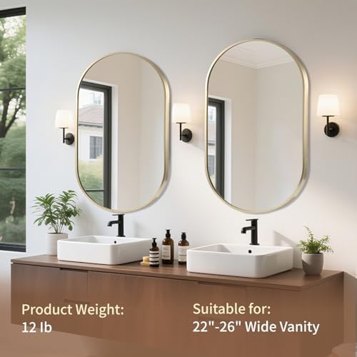Gold Oval Mirror, 22"x30" Oval Bathroom Mirror, Vanity Mirror with Brushed Metal Frame, Wall Mount Mirrors Decor for Bathroom, Bedroom, Entryway, Living Room(Hangs Horizontally or Vertically)