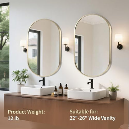 Gold Oval Mirror, 22"x30" Oval Bathroom Mirror, Vanity Mirror with Brushed Metal Frame, Wall Mount Mirrors Decor for Bathroom, Bedroom, Entryway, Living Room(Hangs Horizontally or Vertically)