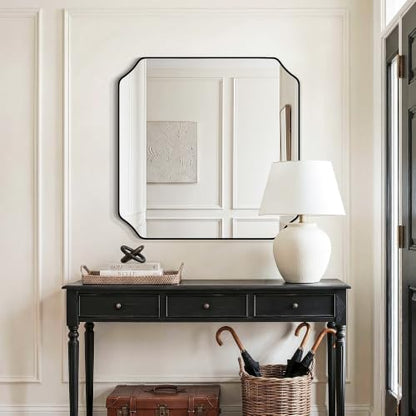 Delma Bathroom Vanity Mirror, Black Framed Aluminum Bathroom Mirror for Over Sink, Scalloped Round Corner Wall Mirror, High-Definition Vanity Mirror, Hangs Horizontally or Vertically (30x30,Black)