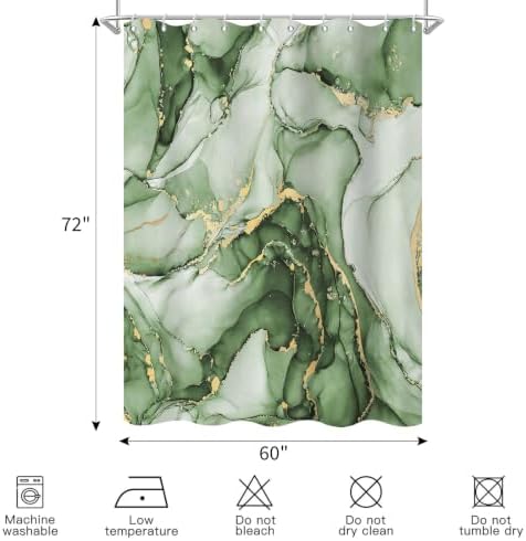 Olive Green Marble Shower Curtain Modern Abstract Luxury Gold Ink Texture Ombre Watercolor Bathroom Curtain Set with Hooks Soft and Lightweight Waterproof Fabric Machine Washable 60" Wx72 L