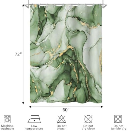 Olive Green Marble Shower Curtain Modern Abstract Luxury Gold Ink Texture Ombre Watercolor Bathroom Curtain Set with Hooks Soft and Lightweight Waterproof Fabric Machine Washable 60" Wx72 L