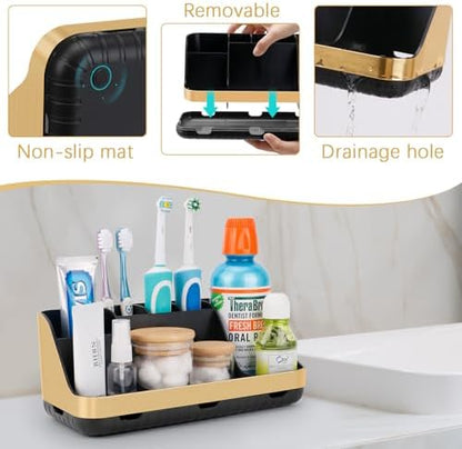 GFWARE Gold Toothbrush Holders for Bathrooms Countertop Organizer - Detachable 7 Slots Electric Toothbrush and Toothpaste Holder, Kids Organization and Storage, Restroom Accessories Vanity Stuff