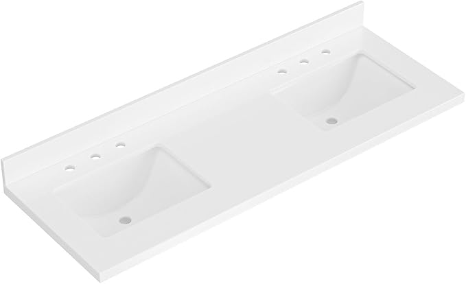 ARIEL 61 inch Double Bathroom Vanity top with Sink, 1.5 Inch Thick Miter Edge White Quartz top, Rectangle Double Sink Vanity top, Includes Backsplash