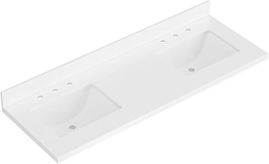 ARIEL 61 inch Double Bathroom Vanity top with Sink, 1.5 Inch Thick Miter Edge White Quartz top, Rectangle Double Sink Vanity top, Includes Backsplash