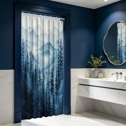 Navy Blue Forest Stall Shower Curtain, 54X72 in Narrow Small, Mountain