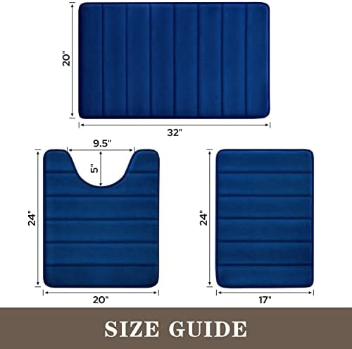 BYSURE Navy Blue Memory Foam Bathroom Rug Set 3 Piece, Non Slip Extra Soft Absorbent Bath Mats, Machine Washable & Dry Toilet Mat Sets for Bathroom Floor